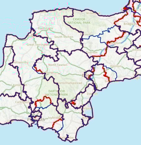 In blue, existing constituencies, and in red, proposed changes to electoral boundaries across Devon by the Boundary Commission for England (BCE).

Ties with LDR story on boundary changes (March 2022)