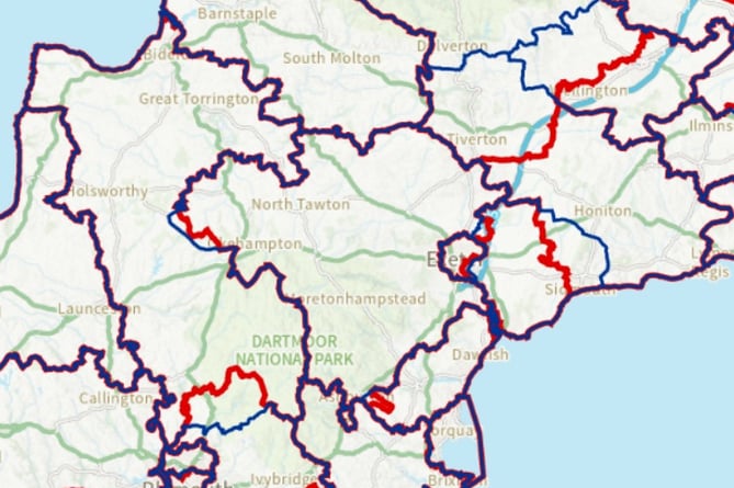 In blue, existing constituencies, and in red, proposed changes to electoral boundaries across Devon by the Boundary Commission for England (BCE).

Ties with LDR story on boundary changes (March 2022)