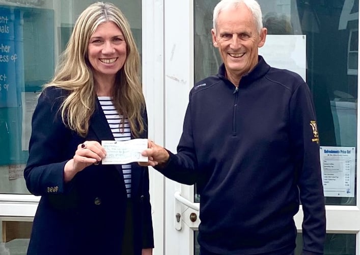 Jackie O’Brien, the The Alice Cross Centre's new manager, receivess a cheque for £1,250 from £1,250 from Richard Palmer, the Seniors Captain from Teignmouth Golf Club.
Picture Jackie O’Brien (April 2022)