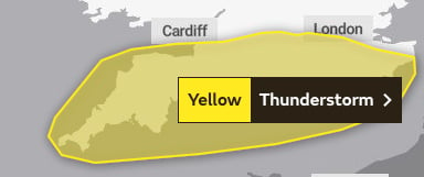 Area covered by the Yellow Warning for thunderstorms overnight.
