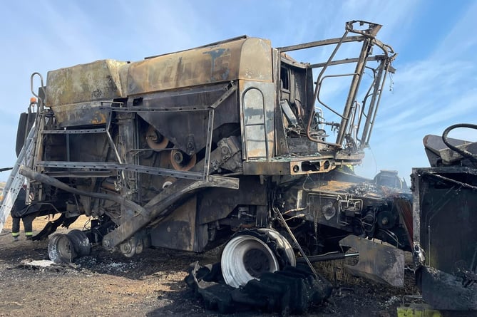 Devon and Somerset Firefighters at the scene of the combine harvester fire at Drewsteignton.