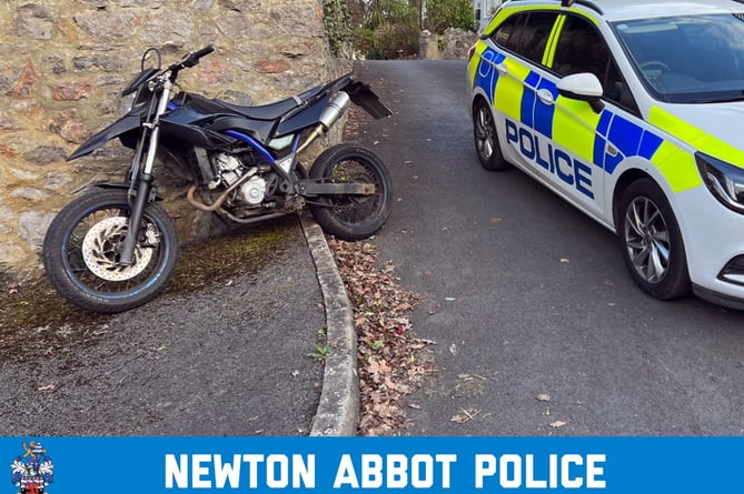 POLICE have seized another vehicle in their campaign against uninsured drivers and riders in Newton Abbot. This motorcycle was today, Sunday, taken from its rider.Picture: Newton Abbot Police Station (Feb 26, 2023)