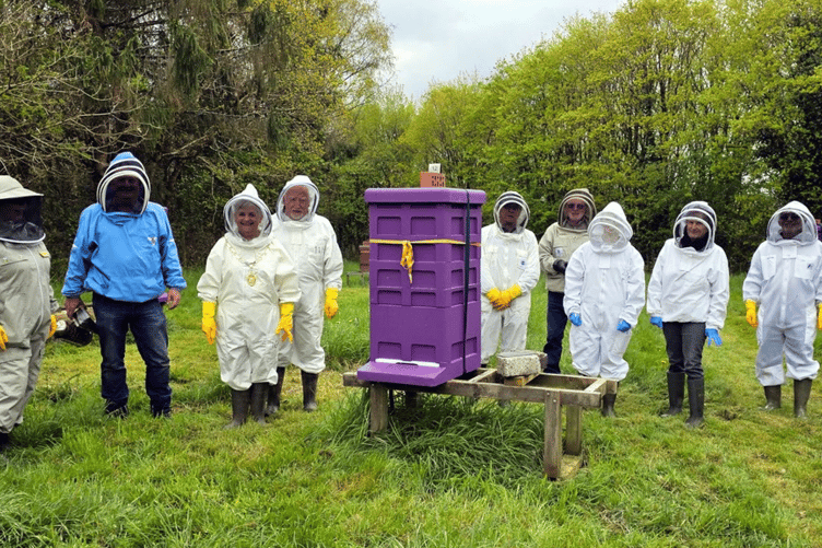 Newton Abbot Mayor Cllr Carol Bunday with the beekeepers.