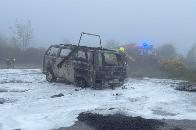 A CAMPERVAN has been destroyed in a fire at Little Haldon near Teignmouth Golf Club.
Picture: Teignmouth Fire Station (1-5-23)
