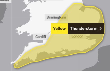 The Yello wWarning of Heavy showers and thunderstorms for Devon today, May 9, 2023.Picture: Met Office