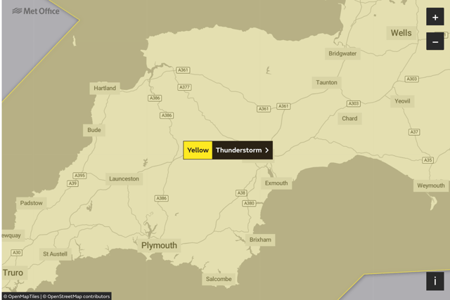 Met Office issues yellow thunderstorm warning for Sunday