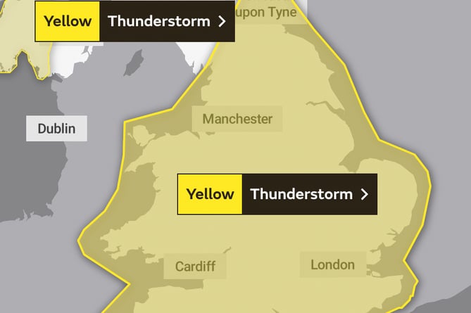 The area covered by the Met Office's updated Yellow Warning of storms for today.Image Met Office 18-6-23