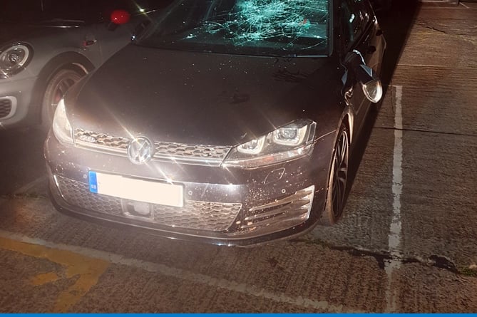 Police have arrested an man after this car was damagfed ion Newton Abbot on Saturday night.Picture: Newton Abbot police (25-6-23)