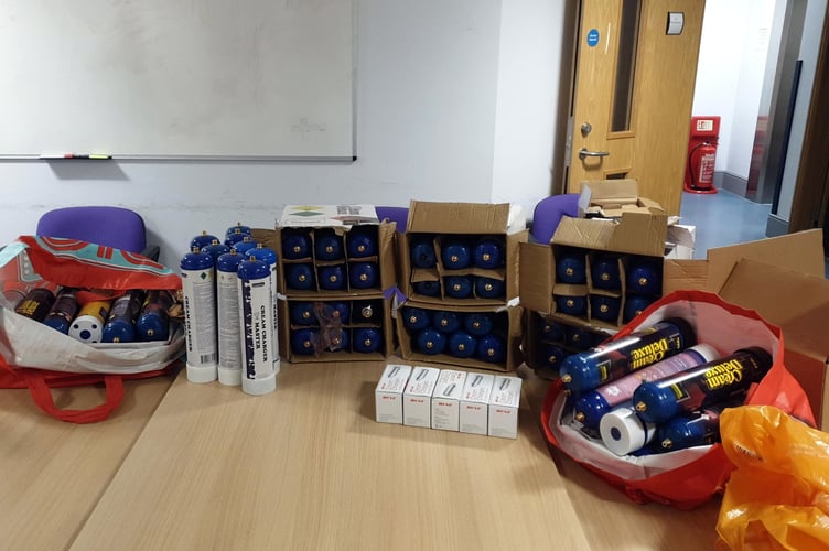 Police warn of danger of inhaling nitrous oxide after seizing teenÕs haul of the gas.
Picture: Teignmouth and Dawlish Police (15-7-23)