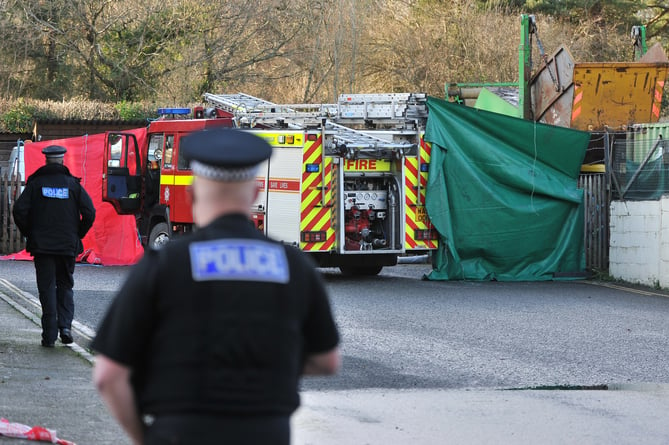 Photo: Steve Pope MD170120A_SP003St Johnâs Lane, Bovey Tracey. Emergency services vehicles attending a fatal incident at the Dartmoor National Park workshops