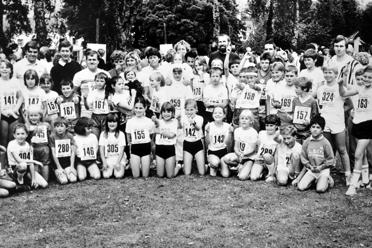 Pupils from Bradley Barton School in Newton Abbot line up for the MDA cameraman before starting the Newton Abbot Carnival Fun Run in July 1988.