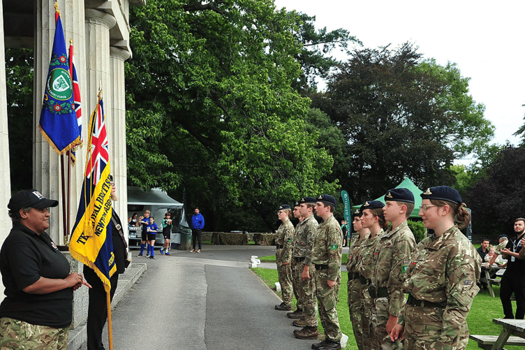Debbie Toovey, community liason for Newton’s RBL, presents cadets from Stover School’s Combined Cadet Force with badges to offically recognise the unit’s affiliation with the Newton Abbot branch.