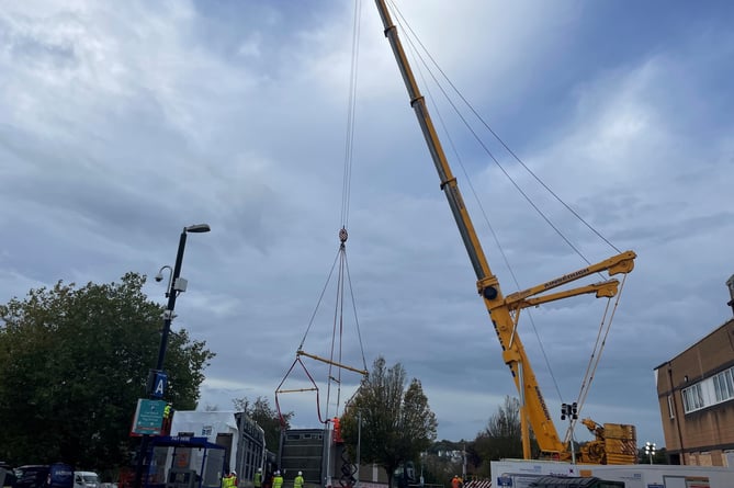 Crane in use during construction of new theatres at Torbay Hospital 