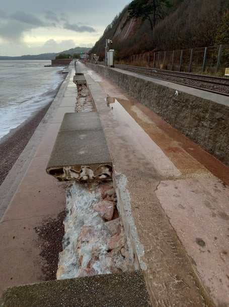 Damage to Dawlish sea wall by Storm Ciaran