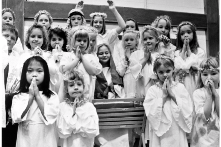 Pupils from St Mary’s School in Buckfastleigh with their production A King Forever in 1992.