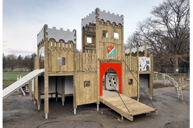 The castle in the new play area at Mill Marsh Park, Bovey Tracey