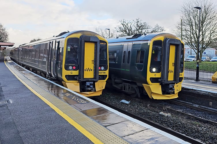 Trains at Crediton Railway Station. Stock image.