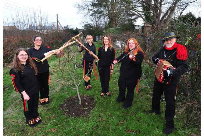Members of Glory of the West Morris salute the apple trees with their sticks.