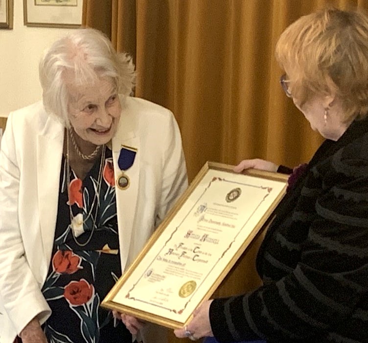 Sylvia Russell being awarded the Freedom of the Town