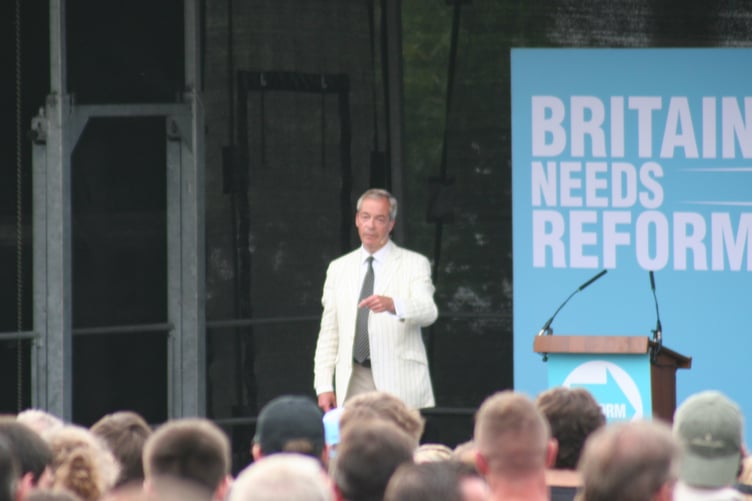 Nigel Farage speaking at Trago Mills, Newton Abbot, ahead of the July 4 general election