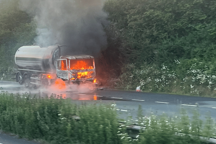 Milk tanker fire on A38 near Ivybridge