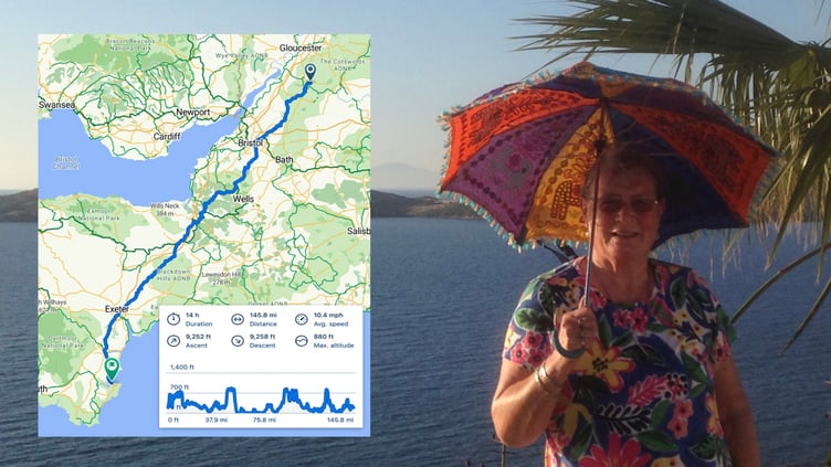 Jenny Gibson and a map of son Will's bike ride raising money for Rowcroft Hospice which cared for her.