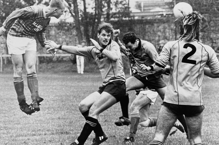 Football  action from October 15, 1988 as  Newton Abbot Spurs take on Upton Athletic at The Rec.
