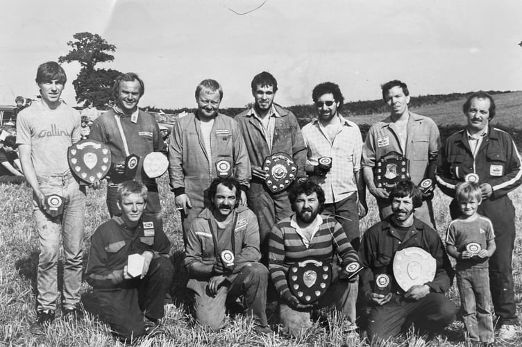 Banger Racing at Dawlish from August 1986. Trophy winners line up for the camera at the end of the racing day