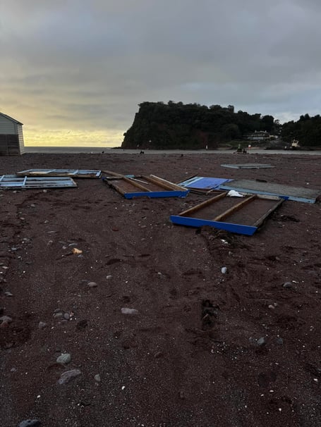 Teignmouth beach hut destroyed by the stormy conditions. Photo Miles Holden 