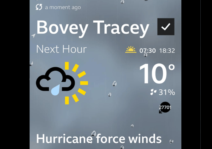 A fault with the BBC Weather app saw hurricane force winds forecast for parts of the UK, including Bovey Tracey 