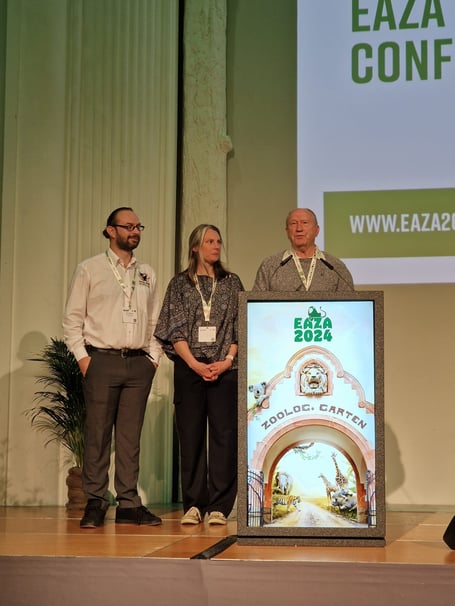 Stewart Muir, right, receives his award with Zac Showell, left and Aude Desmoulin centre, who both sponsored Stewart's nomination.
