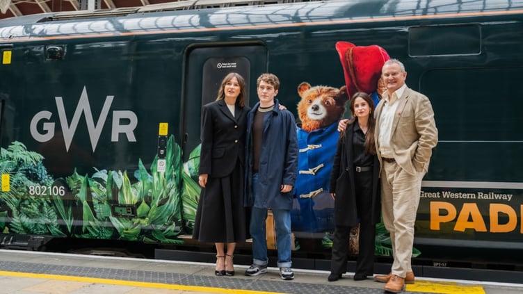 The Paddington In Peru livery GWR train at its launch with starts from the film. Photo GWR