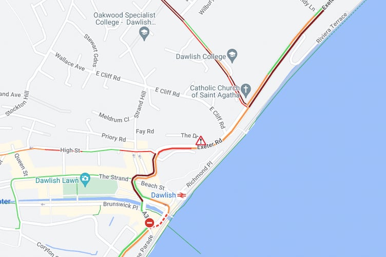 Long delays for traffic in Dawlish  following today's earlier RTC.   Image : AA Roadwatch
