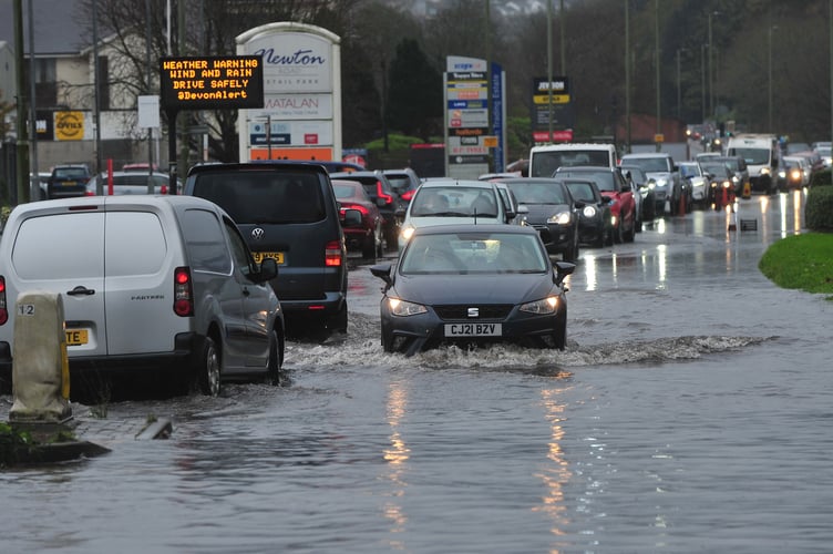 Storm Bert. With the wind came the raim. Flooding at the junction of Greenhill Way and Newton Road in Kingsteignton