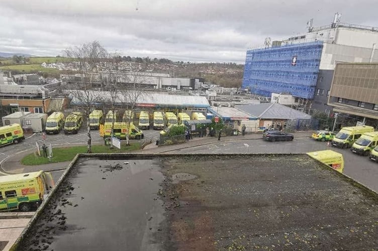 Ambulances waiting outside Torbay Hospital accident and emergency department today December 2024. Photo Spotted Torquay 