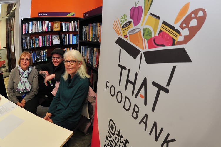 Health and Wellbeing Fair held at Newton Abbot Library. THAT Foodbank's Jean Patterson, Kris Hanson and Gill Le Queux