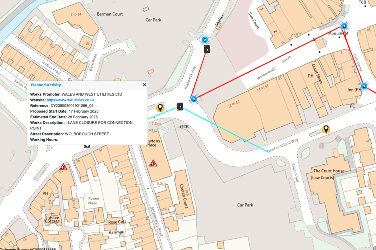 Devon County Council's interactive roadworks map shows the lane closure will come into force on February 17