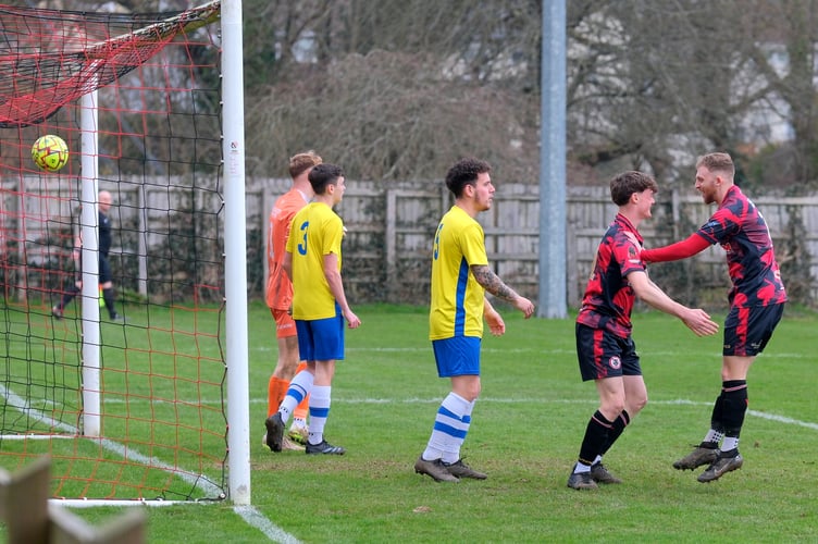 Celebrations as Bovey Tracey AFC score against Middlezoy