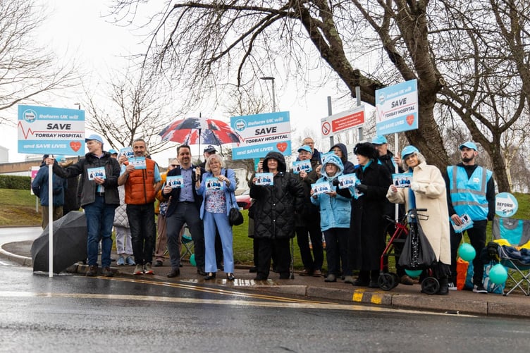 Ann Widdecombe with Reform UK campaigners outside Torbay Hospital.