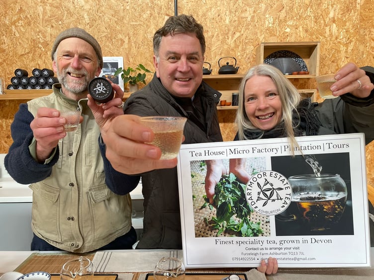 Dartmoor Estate Tea founders Jo and Kathryn Harper celebrate 10 years in business with Mel Stride MP.