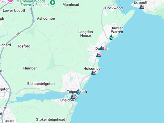 Dawlish Coryton Cove, Dawlish Town and Teignmouth Holcombe beaches have been issued with sewage alerts 