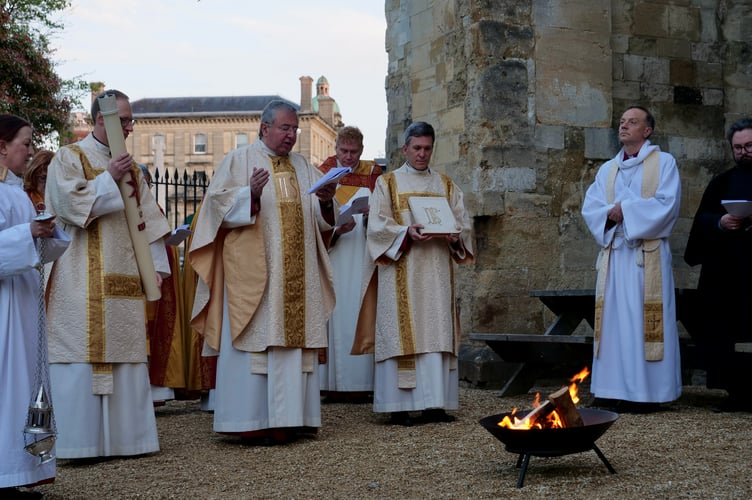 The Dean of Exeter during his blessing at the Firepit with the Bishop of Exeter, right.
