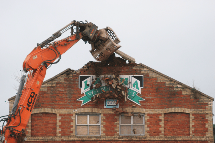 The demolition of the Launa Windows frontage has begun