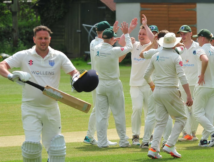Devon Cricket League C Division West.  Ashburton 1st XI versus South Devon 1st XI. Ashburton celebrate as D Yates leaves the field having been bowled by Nick Martin
A six wicket run for Ashburton who made 177/4  after South Devon, who won the toss and elected to bat, were all out for 174