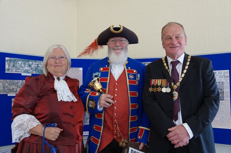 VE Day at the Manor House Dawlish. Heather Graham, Town Crier Bob Graham and Mayor Cllr Anthony James,. photo BOB SIMPSON