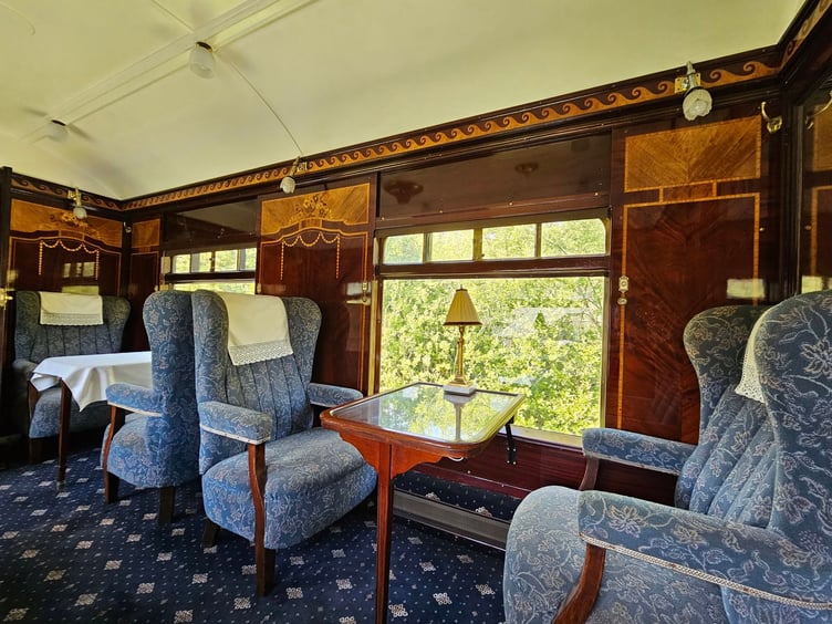 The interior of Lydia Pullman coach . Photo courtesy of South Devon Railway