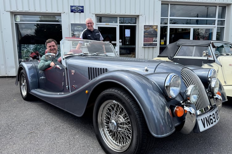 Central Devon MP Sir Mel Stride in a Morgan car at Berrybrook in Exminster