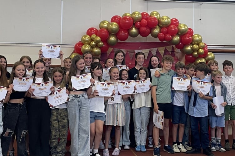 Year 6 children from Blackpool C of E Primary School in Liverton celebrate their awards. 