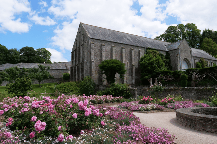 View of the Great Barn from the garden at Buckland Abbey