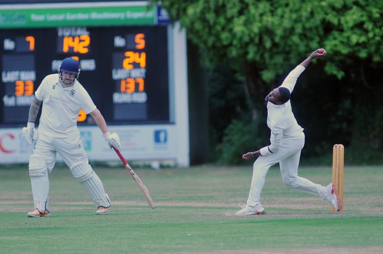 Devon Cricket League C Division West.  South Devon 1st XI versus Chudleigh 1st XI. South Devon's Mali Marshall